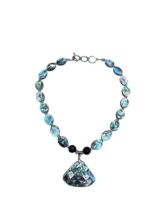 Vintage Mosaic Abalone Shell Bead Necklace Statement Pendant 18KGP Toggle Clasp - Picture 7 of 10